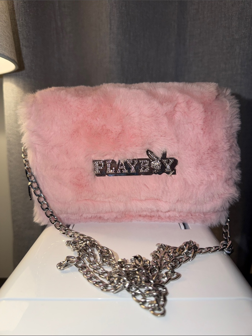 PLAYBOY Pink Faux Fur Chain Crossbody Bag